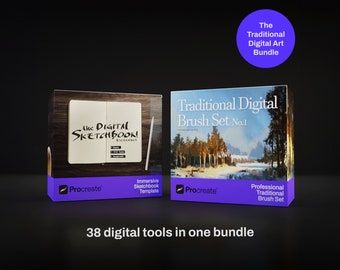 Procreate Art Bundle | Brushes, papers, grids and background textures | Digital Sketchbook Template and Traditional Brush Set No. 1