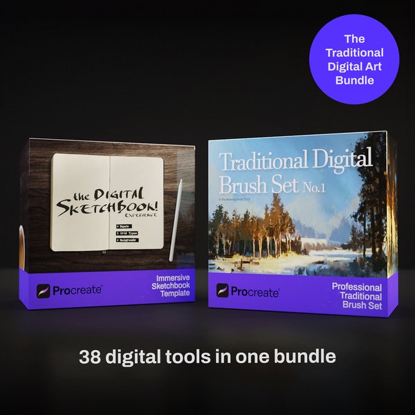 Procreate Art Bundle | Brushes, papers, grids and background textures | Digital Sketchbook Template and Traditional Brush Set No. 1