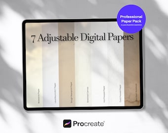 Puede incluir: La pantalla de una tableta digital muestra siete texturas de papel digital diferentes para usar en la aplicación Procreate. Las texturas incluyen papel Moleskine, papel Leuchtturm1917, papel de periódico áspero, lienzo estirado, papel prensado en caliente, papel prensado en frío y el cuaderno de abuelo.