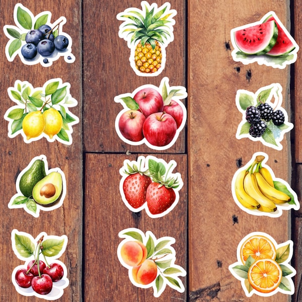 Fruit Sticker Set | Waterproof Glossy | Set of 12 | Apples, Pineapples, Peaches, Oranges, Blueberries, Blackberries, Strawberries & More