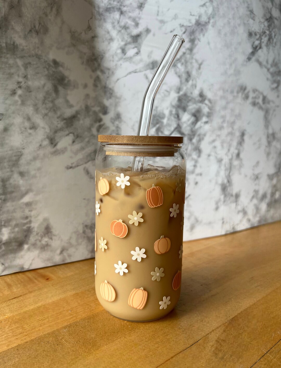 Boho Flower and Pumpkin Fall Glass Cup Beer Glass Coffee Etsy