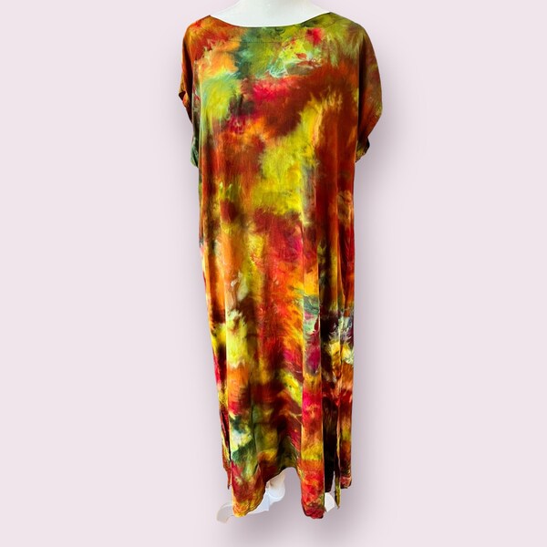 Hand Dyed Women's Medium Caftan - Vibrant Red, Yellow, Green Tie Dye, Flowy Beach Cover-Up, Perfect Boho Chic Gift