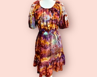 Tie Dye Embroidered Sundress with Puff Sleeves and Pockets, Boho Hippie Dress- Size Women’s XL