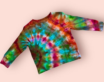 3T Hand-Dyed Multicolor Tie Dye Tee for Toddlers - Unisex Boho Long Sleeve Cotton Shirt