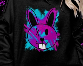 bluza z kapturem z graffiti bunny, bluza z kapturem z farbą w sprayu rabbet, bluza z kapturem skater, zabawne bluzy z kapturem ze sztuką uliczną, damskie bluzy z kapturem