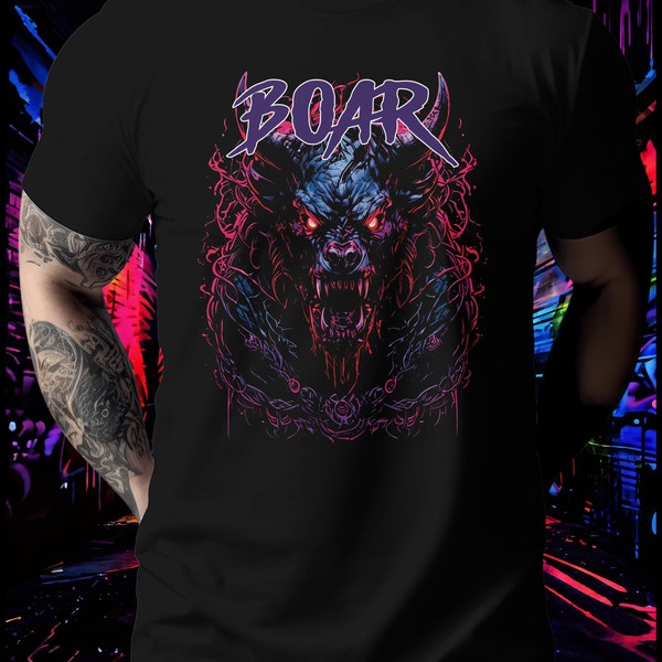 Fierce Boar Graphic T-Shirt, Intense Animal Design, Red and Blue, Men's and Women's