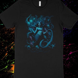 Mystical Mermaid T-Shirt, Ocean Fantasy Art, Women&#39;s Teal Graphic Tee, Unique Aquatic Mythical Creature Design, Gift for Her
