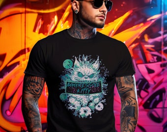 May include: Black t-shirt featuring a graphic print of a green and white monster with the text "Aggressive Kitty" in a black rectangle.
