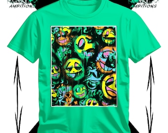 Abstract Graffiti Art Smiley Faces T-Shirt, Colorful Urban Streetwear, Unisex Hipster Tee, Trendy Graphic Shirt for Adults