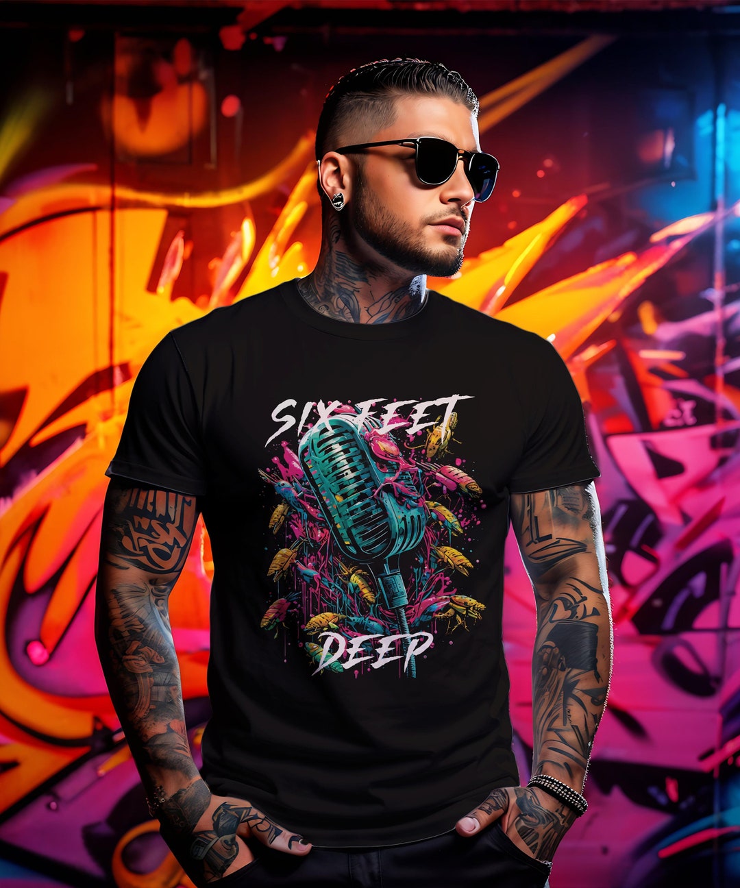 Colorful Microphone and Feathers Design T-shirt, Artistic Musical Theme ...
