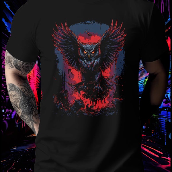 Majestic Owl in Flight Graphic Tee, Red and White Artistic Owl T-Shirt, Nature Inspired Bird Shirt, Unisex Animal Top