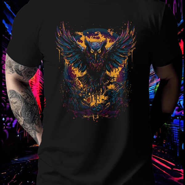 Abstract Owl Art T-Shirt, Colorful Owl with Wings Spread Design, Unique Bird Illustration Tee, Unisex Graphic Shirt, Artistic Apparel