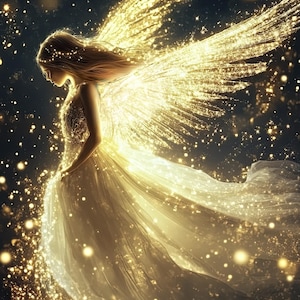 Puede incluir: Una mujer con el pelo largo y rubio que lleva un vestido blanco fluido con detalles de purpurina dorada. Tiene grandes alas de plumas hechas de purpurina dorada. El fondo es azul oscuro con purpurina dorada esparcida por todas partes.