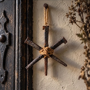 May include: A star-shaped ornament constructed from three dark, rusted iron nails arranged in a cross pattern and bound at the centre with natural tan jute twine. A matching jute loop is attached to the top nail for hanging purposes.
