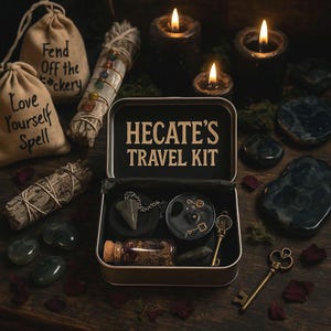 May include: A Hecate's Travel Kit in a black tin, featuring a pendulum, a small glass bottle, and a key. The kit is set amongst lit candles, sage bundles, and small bags with text. The tin is labelled "HECATE'S TRAVEL KIT".