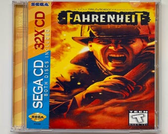 May include: A Sega CD game case with a red, orange, and yellow background. The game is called "Fahrenheit" and features a man in a firefighter's helmet and jacket. The case is labeled "Sega CD 32X CD" and "Both Discs Included".