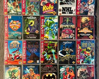 May include: A collection of twenty Sega Genesis video game cases arranged in a four-by-five grid. The titles include Pirates, Castlevania Bloodlines, Rolo to the Rescue, NHL 94, Dynamite Headdy, Animaniacs, Castle of Illusion, Vectorman, Haunting, Buck Rogers, High Seas Havoc, Beyond Oasis, Vectorman 2, Landstalker, Batman and Robin, Alisia Dragoon, Golden Axe, Batman, ToeJam and Earl, and Exile.