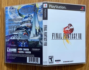 May include: A Final Fantasy VIII PlayStation game case. The cover features the game's title in bold black letters with a red and yellow illustration. The spine reads "FINAL FANTASY VIII" vertically. The back of the case shows a detailed illustration with text.