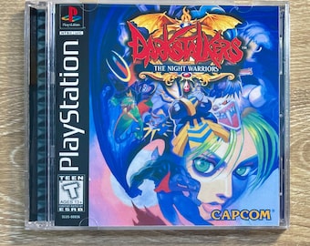 May include: A PlayStation game case for Darkstalkers: The Night Warriors. The cover art features a woman's face with green eyes and blue hair, surrounded by various monster characters in shades of blue and purple. The game is rated Teen.