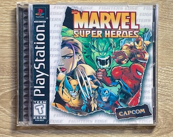 May include: A PlayStation game case for "Marvel Super Heroes." The cover art features comic book style illustrations of Marvel characters including Wolverine, Hulk, Spider-Man, and Captain America. The game is rated "Teen" by the ESRB.