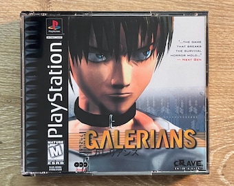 May include: A PlayStation game case for Galerians. The cover features a close-up of a male character with dark hair and intense blue eyes. The game title is prominently displayed, along with the PlayStation logo and ESRB rating.