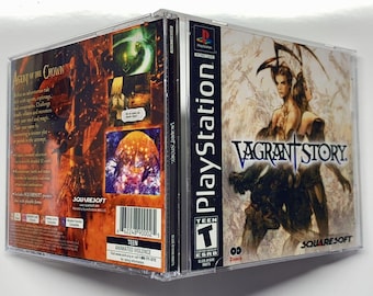 May include: A PlayStation game case for Vagrant Story, a role-playing game by SquareSoft. The front of the case features a woman in a dark outfit with a sword, standing in front of a dark background. The back of the case features a description of the game and a rating of Teen for animated violence.