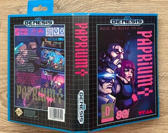 May include: A Genesis Paprium+ video game box. The box is black with a blue border and features game art of characters in a futuristic setting. The text "PAPRIUM+" is in pink. The box reads "RULE, BE RULED, OR DIE!"