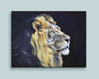 Lion Oil Painting for Wall Decor for Home for Nature Lovers Animal Art Original Varnished Paint on Canvas. Lion Face Portrait Beast