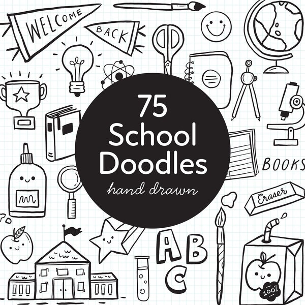 School Doodle Clipart, Back to School, Teacher, Cute Clipart, School Icons, Hand Drawn Clipart, Doodle Line Art,Classroom Clipart, Education
