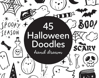 Halloween Clipart Bundle, Doodle, Spooky Cute, Hand Drawn Clip art, Pumpkin, Ghost, PNG, Scrapbook, Cute Halloween Digital Stamp