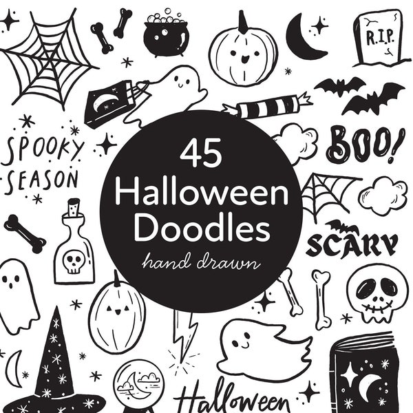 Halloween Clipart Bundle, Doodle, Spooky Cute, Hand Drawn Clip art, Pumpkin, Ghost, PNG, Scrapbook, Cute Halloween Digital Stamp