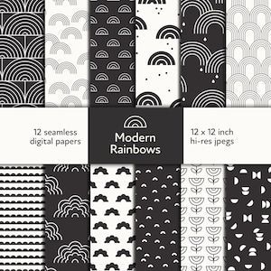 Black and White Seamless Pattern Bundle, Seamless Digital Paper, Nursery Wallpaper, Fabric, Boho Scandinavian, Rainbow Nursery, Scrapbook