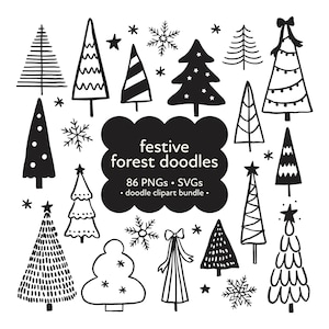 Può includere: Un set di 86 illustrazioni disegnate a mano in bianco e nero di scarabocchi di foresta festivi, tra cui alberi di Natale, fiocchi di neve e stelle. Il testo "festive forest doodles", "86 PNGs", "SVGS" e "doodle clipart bundle" è incluso nell'immagine.
