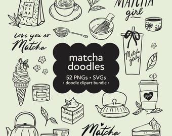Matcha Clipart: Hand Drawn Illustrations, PNG & SVG Files for Digital Download, Perfect for Crafts