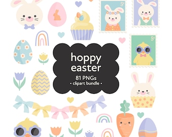 Cute Easter Clipart Bundle, Bunny, Chick, Eggs (Digital Download)