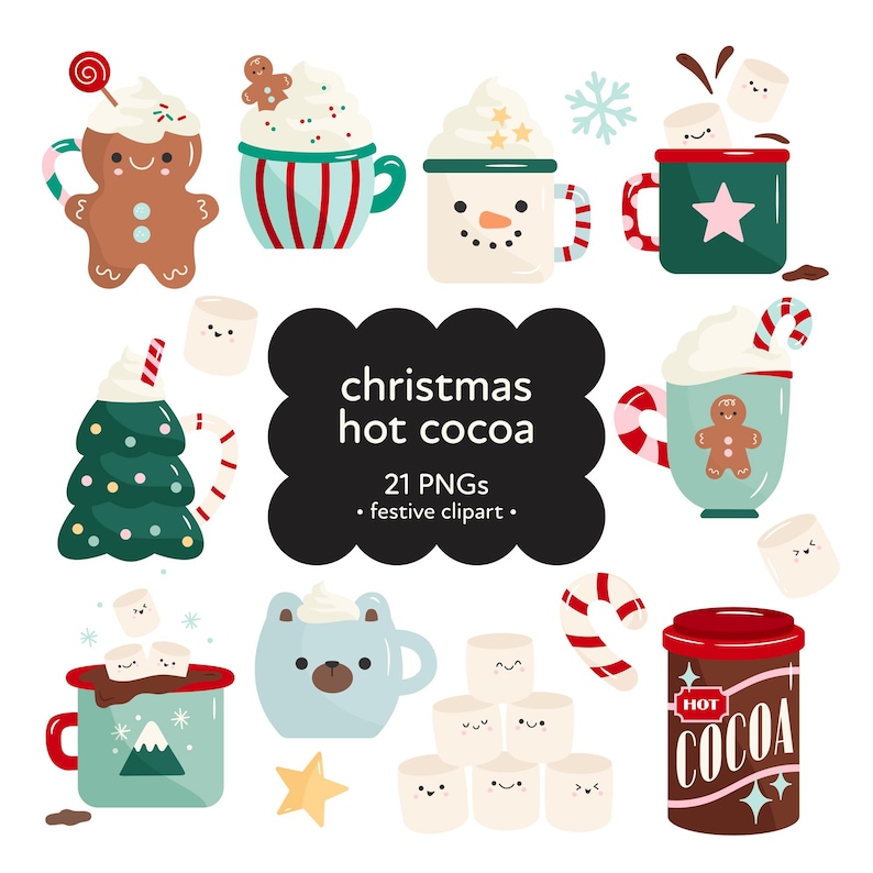 christmas hot chocolate clipart, cute christmas clipart, kawaii clipart, kawaii christmas