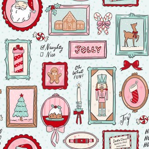 Könnte beinhalten: Ein sich wiederholendes Muster mit weihnachtlichen Illustrationen auf hellblauem Hintergrund. Die Bilder zeigen den Weihnachtsmann, Lebkuchenhäuser, Zuckerstangen, Rentiere, Weihnachtsbäume, Nussknacker und die Worte "JOLLY" und "Oh What FUN!"