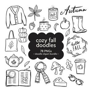 Cozy Fall Doodle Clipart, Autumn Doodle, Fall Hand drawn png, Fall png, Fall Season Outline, Pumpkin png, Thanksgiving png, Autumn Line Art