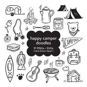 Happy Camper Clipart Doodle Bundle, art extérieur fantaisiste, icônes PNG numériques, dessins dessinés à la main pour des projets créatifs