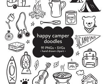 Happy Camper Doodle Clipart Bundle: Hand-Drawn PNG & SVG Icons (Digital Download