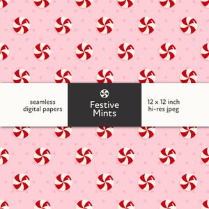 Könnte beinhalten: Ein nahtloses digitales Papierdesign mit einem Muster aus rot-weißen Pfefferminzbonbons auf einem hellrosa Hintergrund mit kleinen rosa Punkten. Der Text "Festive Mints" wird angezeigt. Das Bild ist 12 x 12 Zoll groß.