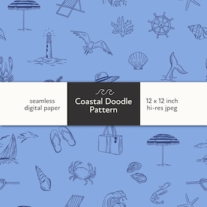 Coastal Seamless Pattern, Digital Download, Nautical Beach Fabric, Ocean Theme, Summer Repeating Design, Whimsical Coastal Doodle