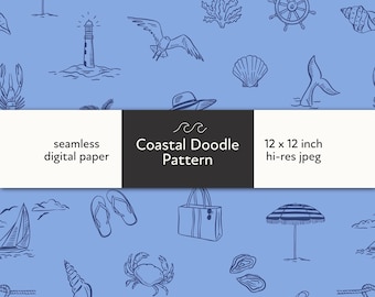 Coastal Doodle Seamless Pattern: Nautical Beach Fabric (Digital Download, 12x12 inches JPEG)