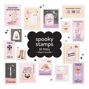 May include: A collection of vintage-style Halloween-themed stamps. The stamps feature illustrations of ghosts, pumpkins, candy, and other spooky elements. The text on the stamps includes phrases like "Howdy Witches" and "Trick or Treat".