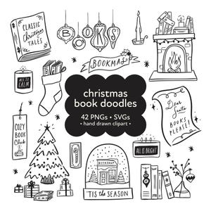 Weihnachten Buch Doodles Clipart, Weihnachten Bücherwurm Clipart, gemütliche Leser PNG, Buch-Liebhaber-Geschenk, Hand gezeichnet wunderliche Leseratte Weihnachten png svg