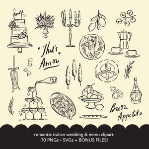 Italiaanse bruiloft SVG PNG-clipart, bruiloft iconen, grillige bruiloft clipart, handgetekende Italiaans diner bruiloft menu clipart, La Dolce Vita