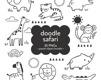 Safari Doodle Animals Clipart Bundle, Boho baby doodle, Safari Animals PNG, Safari Nursery, Cute jungle animals, baby shower clipart