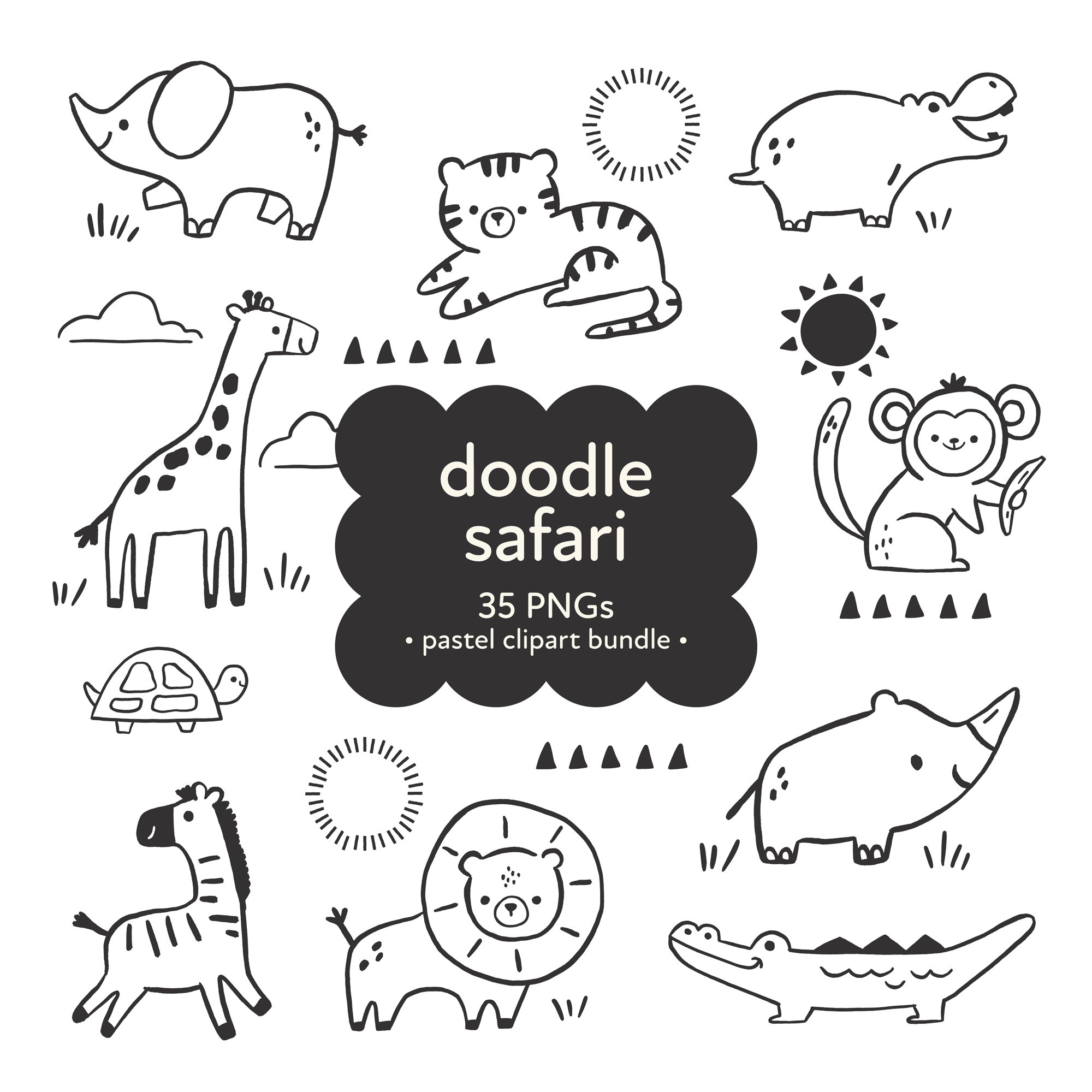 Safari Doodle Animals Clipart Bundle, Boho baby doodle, Safari Animals PNG, Safari Nursery, Cute jungle animals, baby shower clipart