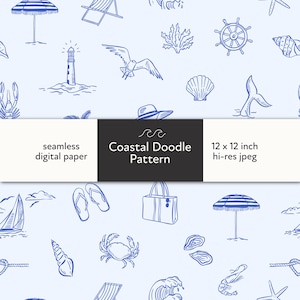 Coastal Seamless Pattern, Digital Download, Nautical Beach Fabric, Ocean Theme, Summer Repeating Design, Whimsical Coastal Doodle