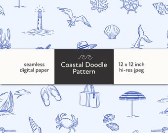Coastal Doodle Seamless Pattern: Nautical Beach Fabric (Digital Download, 12x12 inches JPEG File)